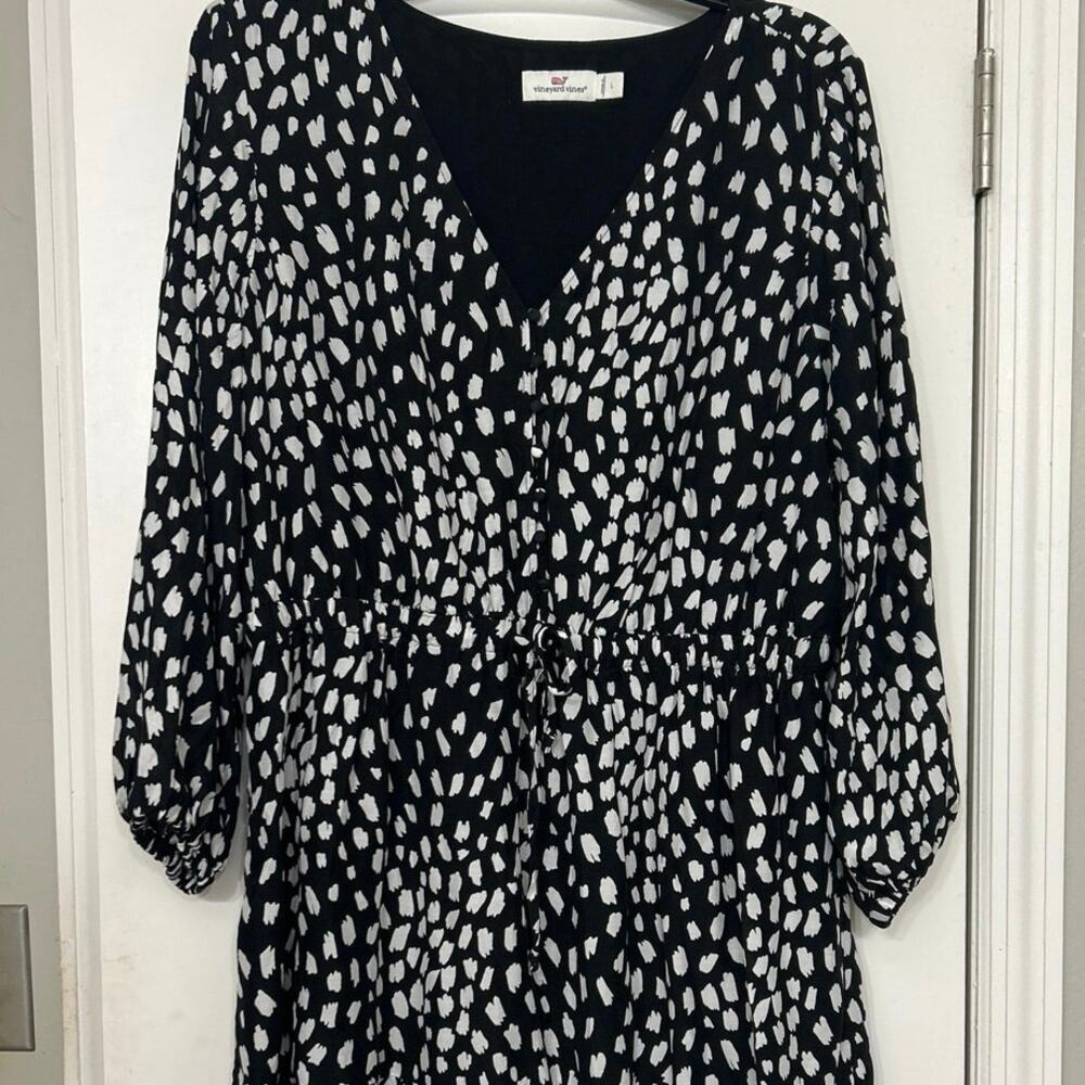 Vineyard Vines Black White Silk Blend Dress Large V Neck Long Sleeve Ruffle Hem - Picture 4 of 16